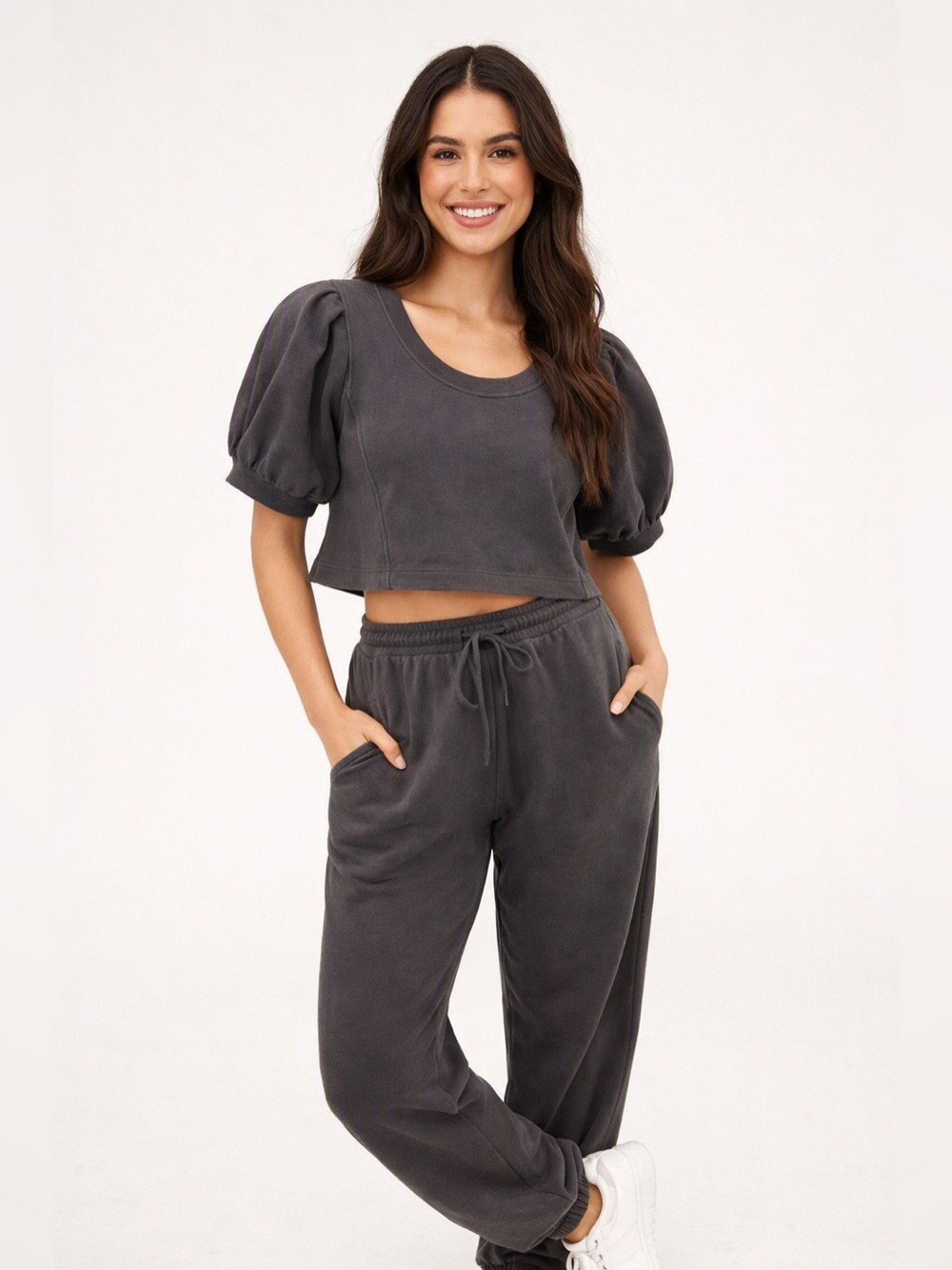 Aerie Seams Right Puff Short Sleeve Sweatshirt Crop Gray M